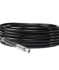Coiled 25 ft black Control Pro hose with metallic male end, used for HEA airless sprayers, flexible and lightweight.