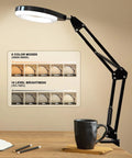 Illuminated 10X And 5X Magnifier With Dimmer Lamp, 10 Level Brightness, 5 color modes, black desktop clamp with mug and pens