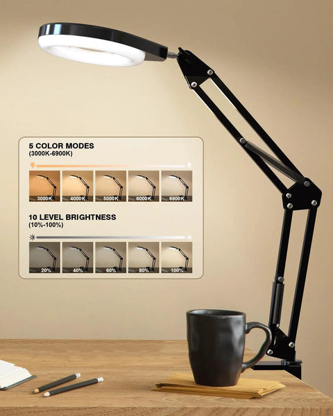 Illuminated 10X And 5X Magnifier With Dimmer Lamp, 10 Level Brightness, 5 color modes, black desktop clamp with mug and pens