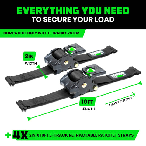 E Track Retractable Ratchet Tie Downs 2 Inch By 10 Foot Heavy Duty Cargo Straps Set Of Four For Trailer Rails