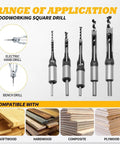 Knockout Square Hole Drill Bit Set Covers Quarter To Five Eighth Inch Markings Plus Rugged Chuck Adapter For Hardwood Carpentry And Diy Shops Demanding Dead Nuts Accuracy And No Sweat Results; image showing square drill bits for woodworking applications.
