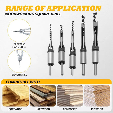 Knockout Square Hole Drill Bit Set Covers Quarter To Five Eighth Inch Markings Plus Rugged Chuck Adapter For Hardwood Carpentry And Diy Shops Demanding Dead Nuts Accuracy And No Sweat Results; image showing square drill bits for woodworking applications.
