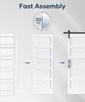 White 30x84 Inch Sliding Barn Door With 5.5 Ft Hardware Kit Included Solid MDF Slab With Waterproof Scratch Resistant PVC Surface DIY Easy Install Space Saving 5 Panel Door For Home And Apartment Renovations, showing assembly process and installed view