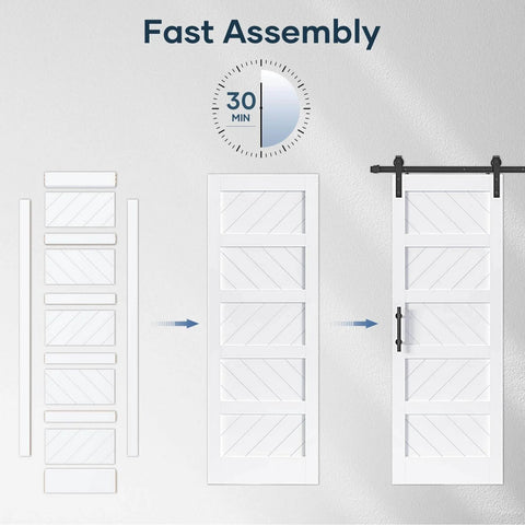 White 30x84 Inch Sliding Barn Door With 5.5 Ft Hardware Kit Included Solid MDF Slab With Waterproof Scratch Resistant PVC Surface DIY Easy Install Space Saving 5 Panel Door For Home And Apartment Renovations, showing assembly process and installed view