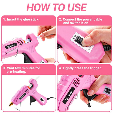 Step-by-step guide for using Full Size Dual Temp Hot Glue Gun Kit With 60 100W Heat Up In Minutes Built For Tough Jobs in Pink