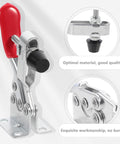 Heavy Duty Quick Toggle Clamps Horizontal Downward Push Metal Hand Tools for DIY Workholding and Woodworking Fixtures Anti Rust Electroplated Finish Adjustable Thickness for Iron Plates and Wood Projects, front view with red handle and metal base.