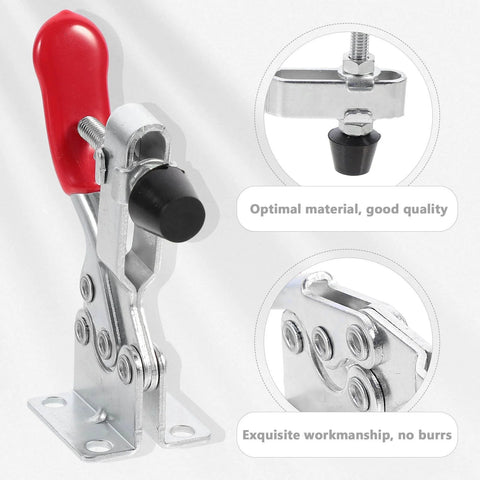 Heavy Duty Quick Toggle Clamps Horizontal Downward Push Metal Hand Tools for DIY Workholding and Woodworking Fixtures Anti Rust Electroplated Finish Adjustable Thickness for Iron Plates and Wood Projects, front view with red handle and metal base.