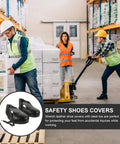 Workers in warehouse wearing Heavy Duty Steel Toe Cap Safety Shoe Covers With Leather Overshoes Universal Fit For Men And Women Adjustable Straps Crush Protection Tough As Nails Leather Work Shoe Covers Size Euro 36 To 46