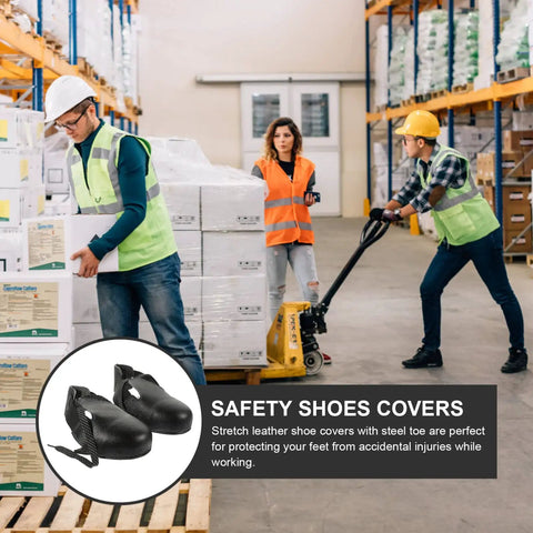 Workers in warehouse wearing Heavy Duty Steel Toe Cap Safety Shoe Covers With Leather Overshoes Universal Fit For Men And Women Adjustable Straps Crush Protection Tough As Nails Leather Work Shoe Covers Size Euro 36 To 46