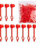 50 Count Red Grease Fitting Caps That Fit All Standard And Metric Fittings Dope Protective Cap Set With 1.67 Inch Length Inner Diameter 15/64 Inch And Eye Loop Diameter 25/64 Inch For Quick And Easy Tight Fit displayed in rows with a clear bag of caps.