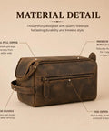 Premium Travel Wash Bag For Men And Women Rock Solid Buffalo Leather Shaving Kit Pouch showing dual pull zipper and side handle.
