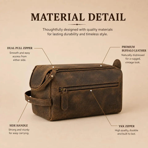 Premium Travel Wash Bag For Men And Women Rock Solid Buffalo Leather Shaving Kit Pouch showing dual pull zipper and side handle.