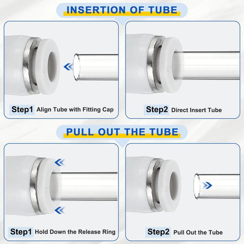 Instruction steps for using Two Pack 1 Quarter Inch Push To Connect 90 Degree Pneumatic Elbow Fittings White Plastic For Air Lines.