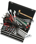 52 Piece Black Tool Set With Rugged Case for home improvement projects, open case showing wrenches, hammers, and pliers