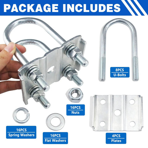 Heavy Duty Trailer U Bolt Kit For 3500 Lb Axles Two Three Eighths Inch Round Eight Piece Set with nuts, washers, plates