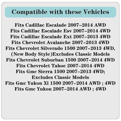 Compatibility chart for Front Wheel Hub And Bearing Assembly For Chevy Tahoe Silverado 1500 Suburban Avalanche Escalade Yukon Sierra 4WD 2007 2014 Replacement Premium OEM Grade With Durable Bearings And Easy Install