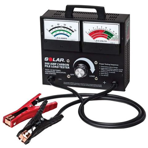 1874 500 Amp Carbon Pile Battery Load Tester With Large Gauges For Quick Starter And Alternator Checks Beefy Heavy Duty Clamps Bite Through Corrosion Rugged Automotive Battery Testing Tool, front view