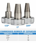 PEX Expander Tool Kit With 1/2 Inch, 3/4 Inch And 1 Inch Expansion Heads For Uponor ProPex Expansion Sleeves shown with size chart