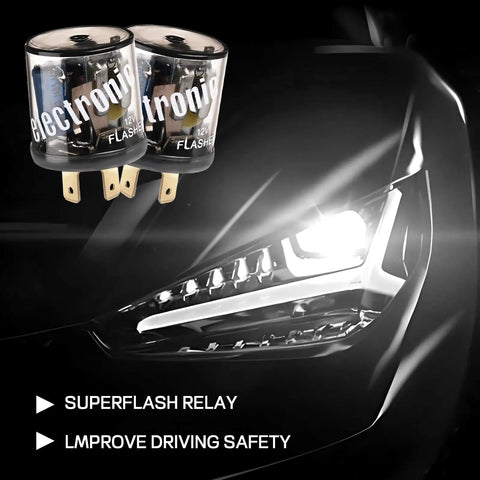 12V Heavy Duty Turn Signal Relay 2 Pack 2 Pin - Fix Hyper Flashing With Waterproof Design next to a car headlight
