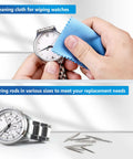 Cleaning watch face with cloth, stainless steel watch, and spring rods. Must Have All In One Watch Band Repair Kit With Spring Bar Tool And Link Removal Tool 56 Stainless Steel Spring Bars For 16 26mm Bands Includes Handy User Manual Durable Waterproof Build For Replacing Straps And Adjusting Links.