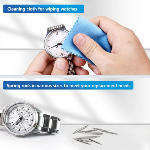 Cleaning watch face with cloth, stainless steel watch, and spring rods. Must Have All In One Watch Band Repair Kit With Spring Bar Tool And Link Removal Tool 56 Stainless Steel Spring Bars For 16 26mm Bands Includes Handy User Manual Durable Waterproof Build For Replacing Straps And Adjusting Links.