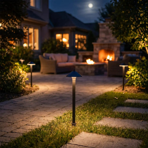 Low Voltage Pathway Lights 6 Pack Outdoor Landscape Lighting 12V 10W 2700K Warm White illuminating a garden path at night