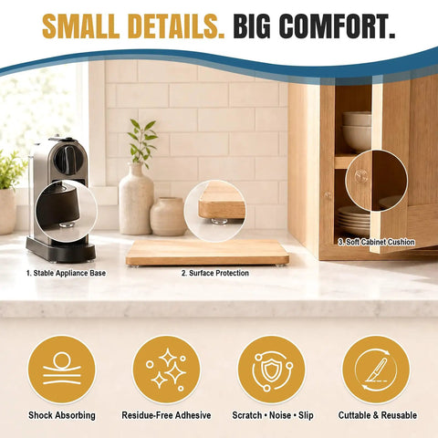 200 Count 0.4 Inch Round Cabinet Door Bumpers Self Adhesive Silicone Pads For Soft Close Kitchen Drawers Heavy Duty Furniture Protectors No Residue Hassle Pro Grade Cushioning displayed on a countertop.
