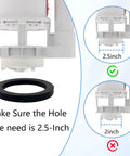 Toilet Dual Flush Valve Kit With Fill Valve And Push Button 2.5 Inch Drain Outlet size guide illustration and rubber gasket