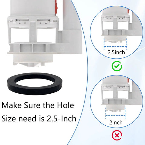 Toilet Dual Flush Valve Kit With Fill Valve And Push Button 2.5 Inch Drain Outlet size guide illustration and rubber gasket