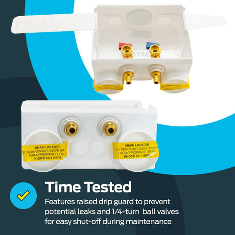Dual Drain Washing Machine Outlet Box With Push To Connect Brass Fittings, 1/2 Inch Crimp PEX To 3/4 Inch MHT, top and front view