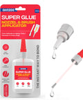 Packaging of 2 In 1 Brush On Super Glue With Nozzle, Mess Free, Never Dries Out, 3000 CPS CA Glue, applicator with clear liquid drop.