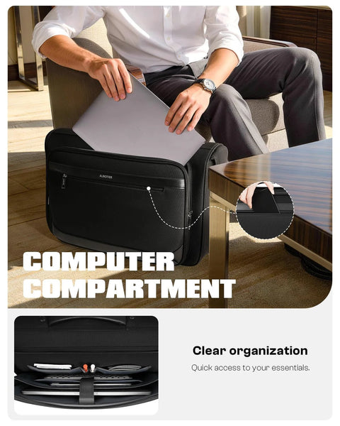 AUROTIER front view: black rolling garment bag with built-in laptop compartment and wheels.