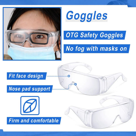 Person wearing Bulk 50 Pairs Safety Glasses Over Eyeglasses Protective Goggles Anti Fog Scratch Resistant Clear Eye Protection