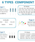 Image showing 6 types of components in the Massive 1400 Piece Electronics Component Kit With Six Types For DIY Projects For Makers Including Electrolytic Capacitors Three Millimeter LED Diodes Through Hole Diodes Resistors Ceramic Capacitors And Transistors For Prototyping And Repairs.