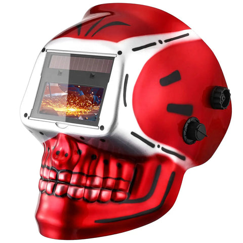 Auto Darkening Welding Helmet With True Color View Solar Powered Skull Design For MMA MIG TIG And Plasma Large 3.62 X 1.65 Inch Viewing Window Ultra Fast Shade Change 1/25000 Second Pro Grade Fit And Durable Hood, side view