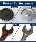 Before and after of gear and wrench showing transformation from rusty to polished metal for improved tool performance.