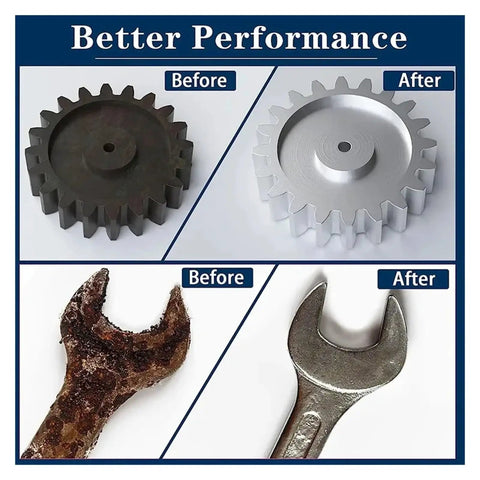 Before and after of gear and wrench showing transformation from rusty to polished metal for improved tool performance.