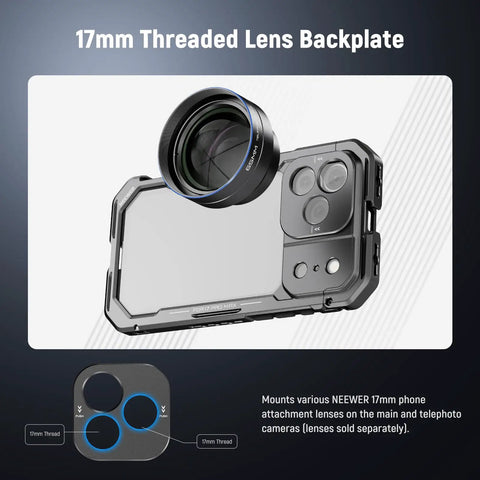 Phone Cage Rig for iPhone 17 Pro Max With Quick Release Stabilizer Kit, 17mm lens backplate, on a durable frame, PA144 Black.