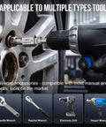 Heavy Duty Cr Mo Steel Screw Extractor Set Featuring Hex And Socket Adapters Tough 15 Piece Gear in use on a wheel bolt.