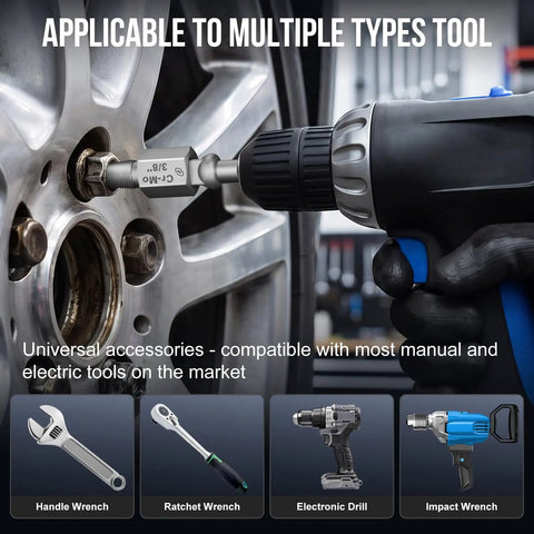 Heavy Duty Cr Mo Steel Screw Extractor Set Featuring Hex And Socket Adapters Tough 15 Piece Gear in use on a wheel bolt.