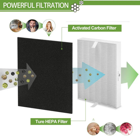 Diagram showing activated carbon and true HEPA filters for Six Pack HPA300 Compatible HEPA Filters For Air Purifier Series Replacement HRF-R3 And HRF-AP1 Pre Filters Includes Six HEPA R Cartridges And Eight Pre Filters A For Models HPA300 HPA304 HPA8350