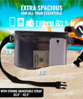 Killer Waterproof Fanny Pack Phone Pouch Dry Bag on sand with phone and money inside, adjustable strap visible