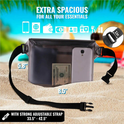 Killer Waterproof Fanny Pack Phone Pouch Dry Bag on sand with phone and money inside, adjustable strap visible