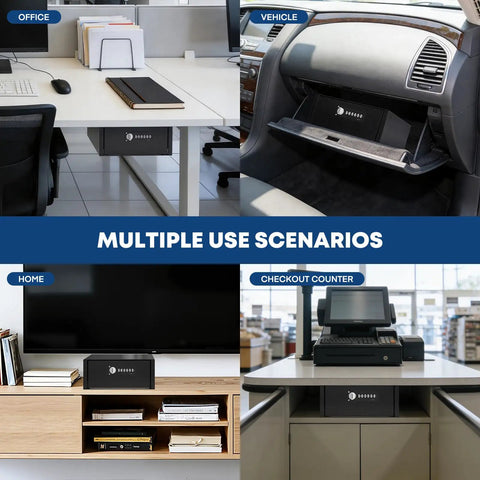 Heavy Duty Steel Under Desk Safe With Keypad Lock Featuring No Sweat Setup Hidden Slide Out Drawer To Quickly Hide Cash And Electronics While Keeping Your Daily Grind Locked Down Tight For Office Use in office, vehicle, home, and checkout counter.