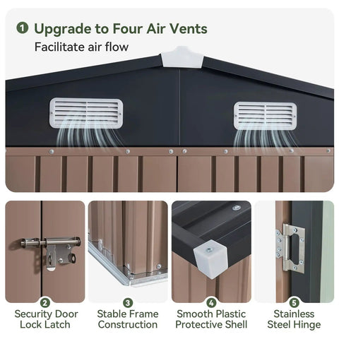 10x12 Foot Outdoor Metal Storage Shed With Double Hinged Door And Lockable Access Sloped Roof Weatherproof Backyard Garden Storage For Tools Lawn Gear Bikes Toys Patio And More Brown featuring air vents and lockable features