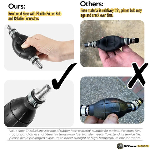 Comparison of reinforced vs thin primer bulbs for Three Eighths Inch Fuel Line Assembly With Six Foot Nylon Braided Marine Fuel Hose.