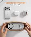 All In One 5W Fast Magnetic Wireless Charger Stand For iPhone 12 13 14 15 16 17 AirPods And Watch MagSafe Dock 3 In 1 Grab And Go Charge Station For Home Office Desk shown inside a beige pouch