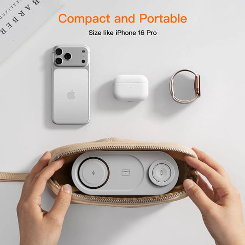All In One 5W Fast Magnetic Wireless Charger Stand For iPhone 12 13 14 15 16 17 AirPods And Watch MagSafe Dock 3 In 1 Grab And Go Charge Station For Home Office Desk shown inside a beige pouch