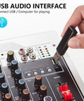 USB connection on Six Channel DJ Mixer With USB MP3 Bluetooth Input, Four Mic Preamps, Built In DSP Effects, 48V Phantom Power, Tape And Rec Inputs, Headphone Monitor, Great For Live Shows, Home Studio, And Karaoke
