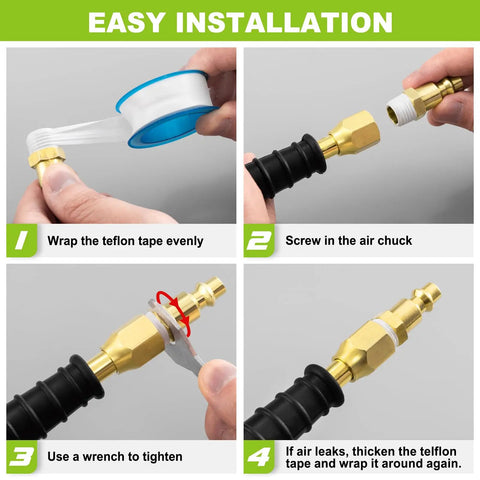 Step-by-step installation of 12 Inch Dual Air Chuck for Tires With 1 Quarter Inch FNPT Adapters showing Teflon tape and connections.